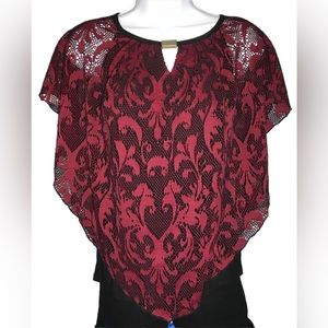 New Directions Red Black Flowy Lace Butterfly Sleeve Blouse Size Petite Small
